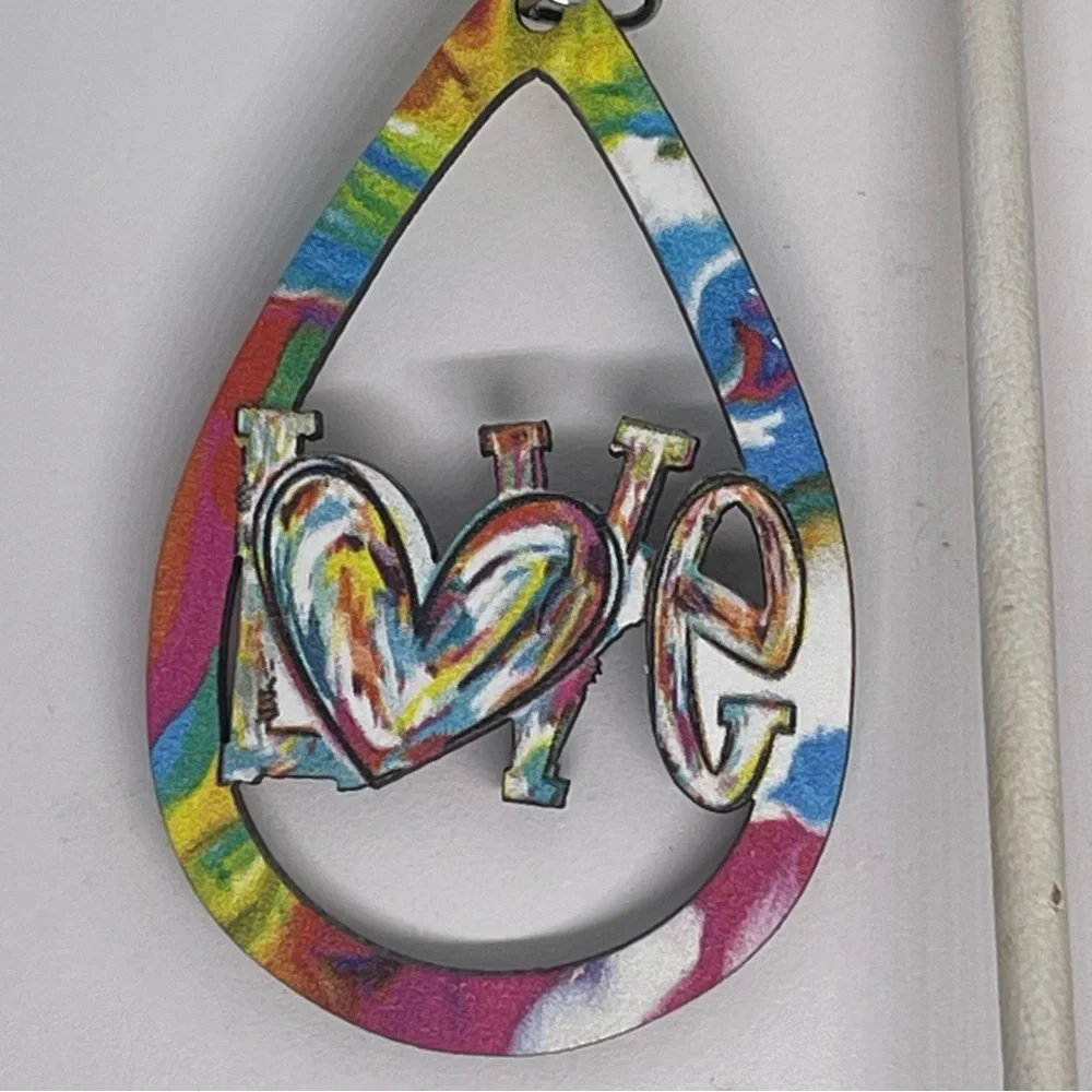Colorful wooden painted Love Teardrop Earrings